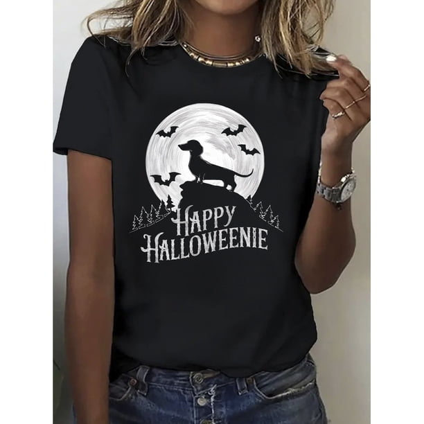 100% Pure, Dachshund Happy Pattern Printed T-Shirt for Spring and Summer Round Neck Short Sleeved Women'S T-Shirt, Pure Breathable Casual Sports Top, Holiday Gift