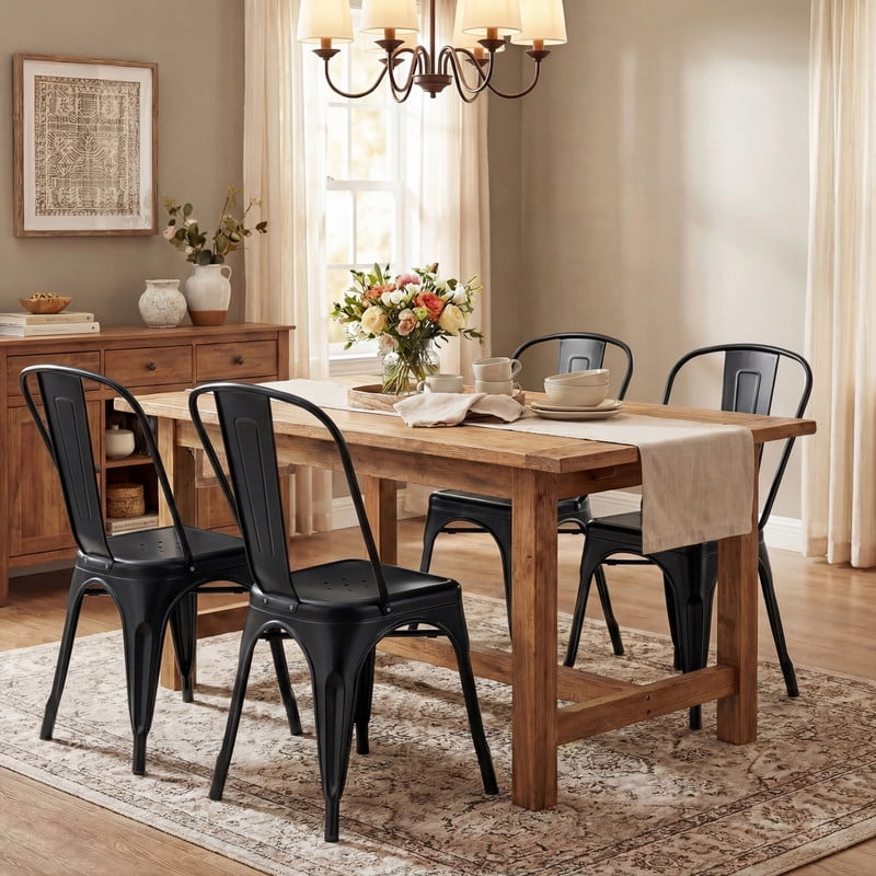 Lacoo Metal Dining Chairs Set of 4, Stackable Indoor Tolix Trattoria Side Chairs with Backrest for Kitchen Bistro Cafe, Black