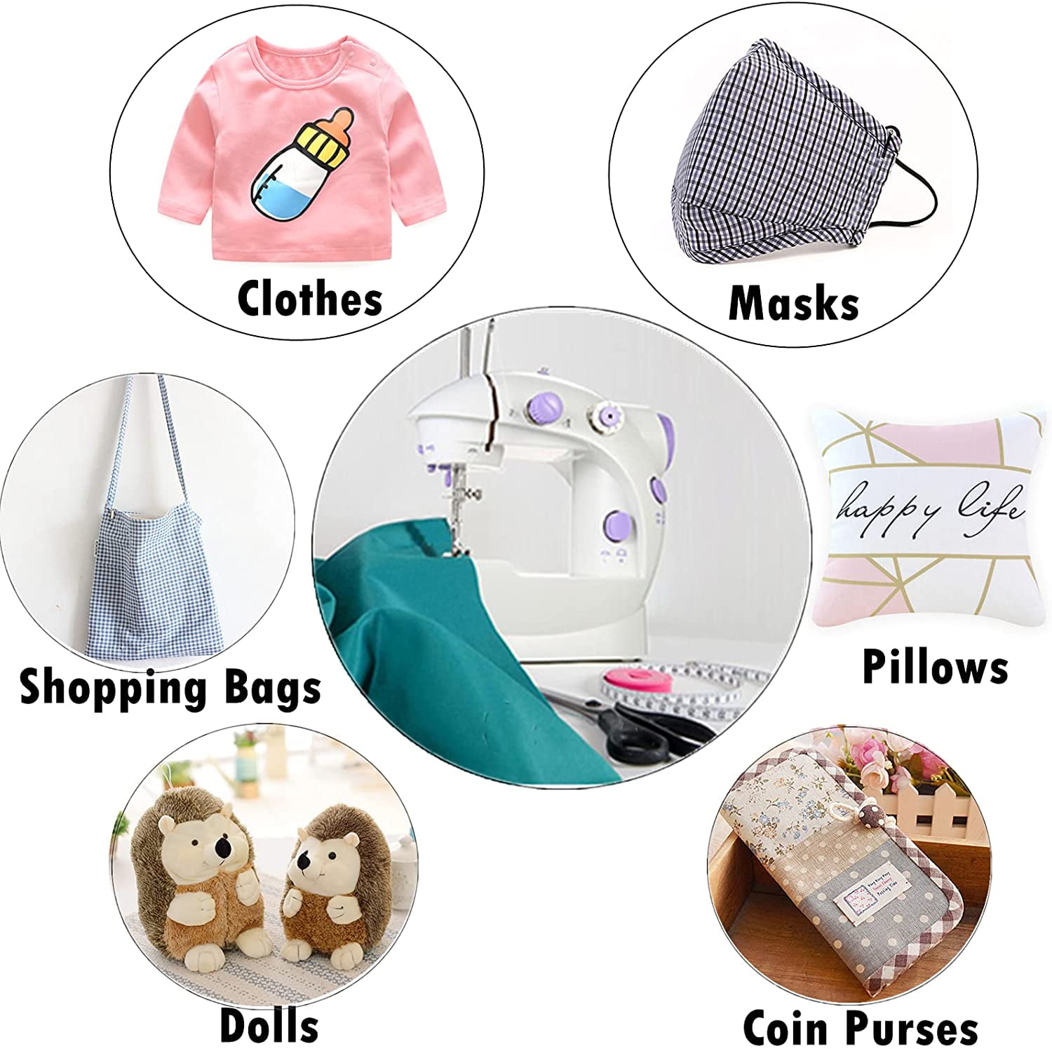 2 Speed Portable Electric Sewing Machine Mini Desktop Handheld Household with LED Light (US),White