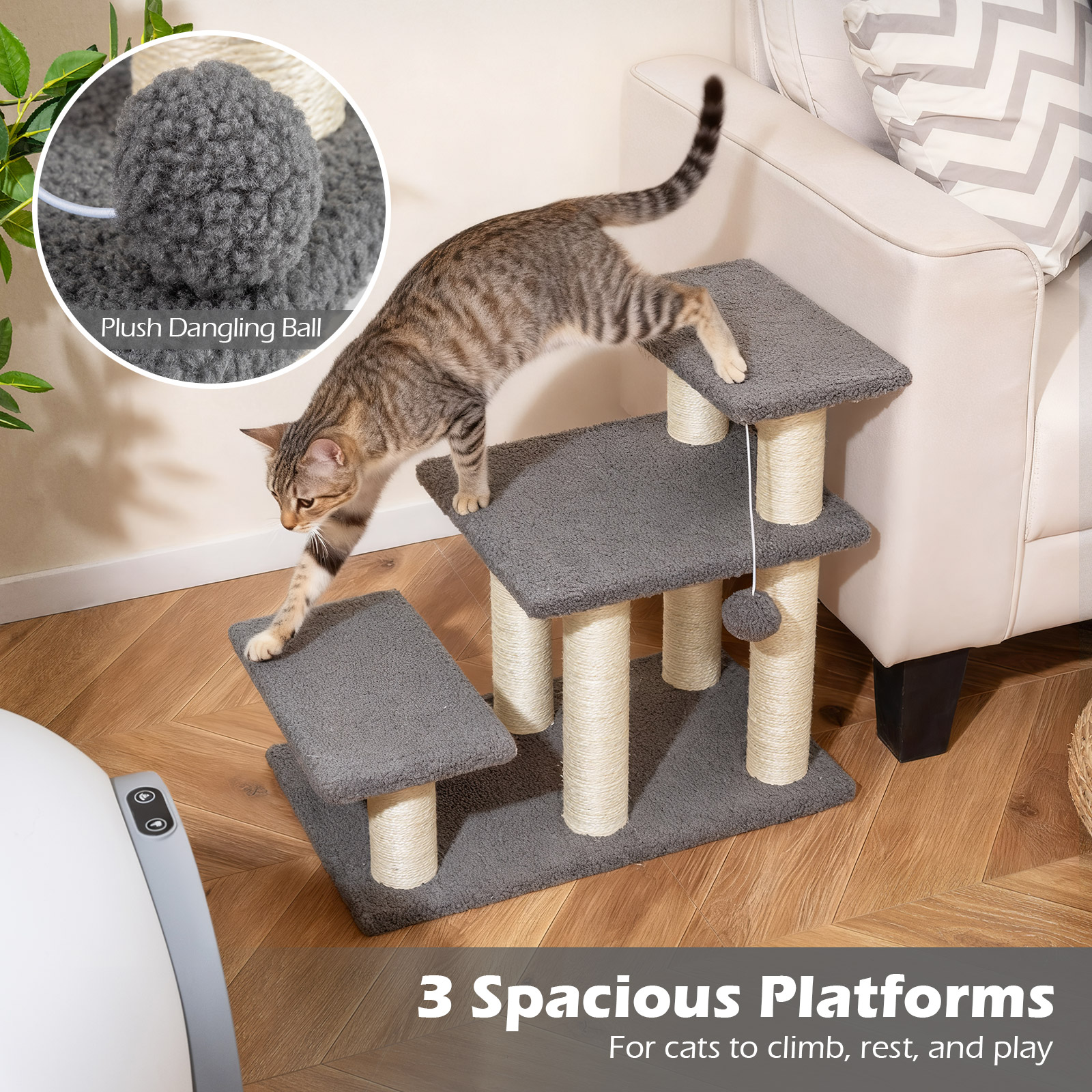 Gymax 2-in-1 Cat Tree Tower Pet Steps w/ Scratching Posts Hanging Toy Ball Perch