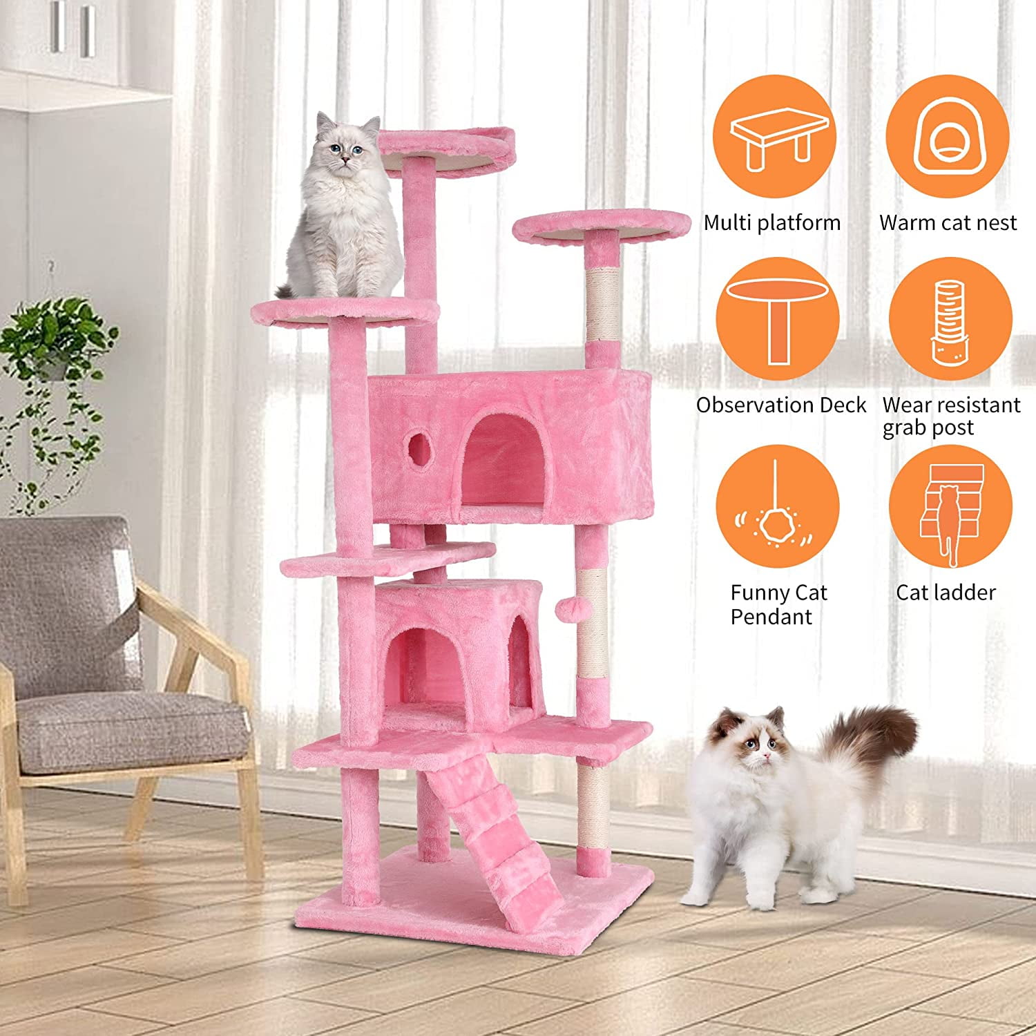 BestPet Large Kitty Pet Indoor Supplies 54in Cat Tree Tower Scratching Posts Condo with Toys Pink Walmart