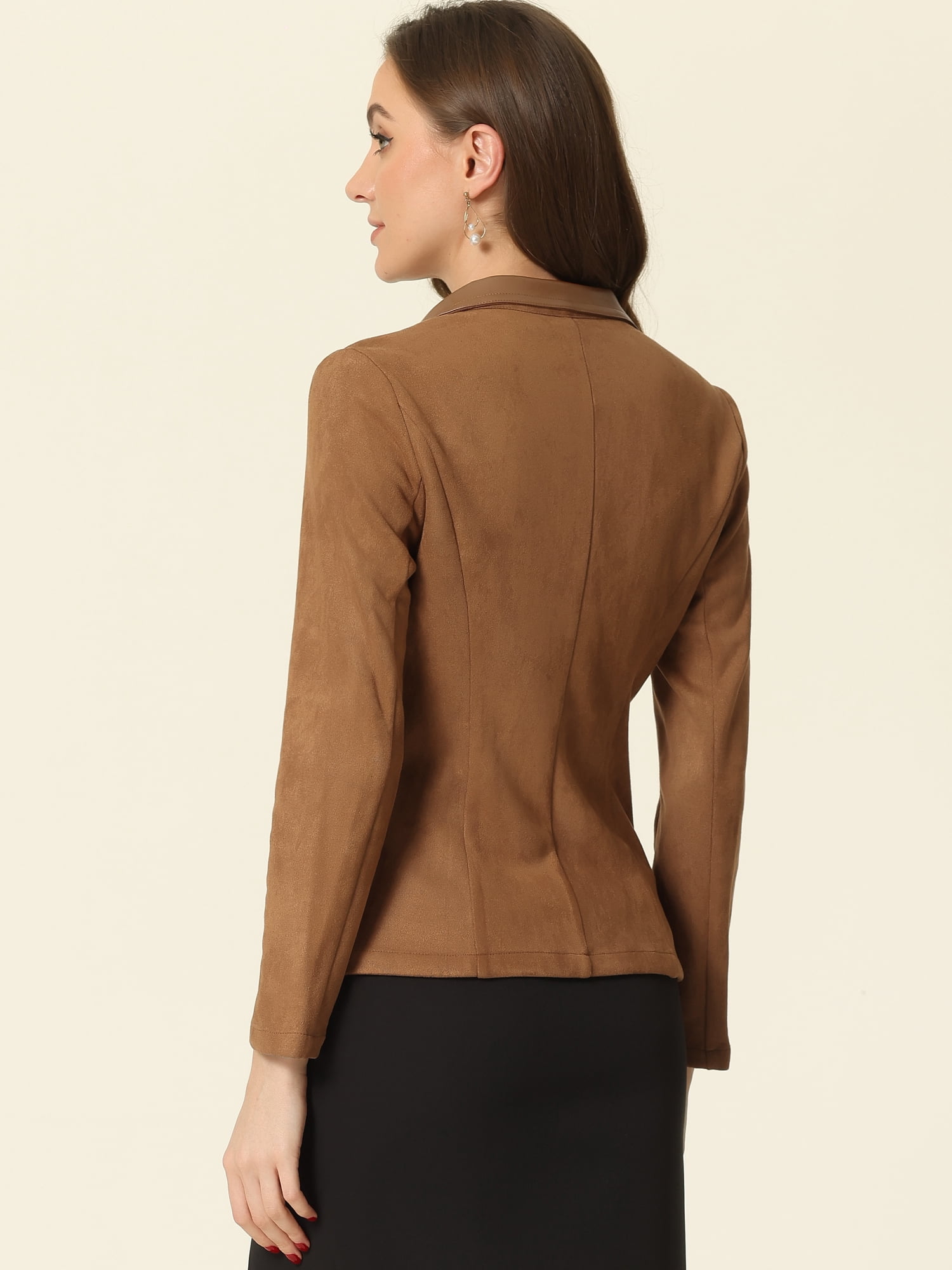 DARING DIVA Women's Faux Suede Lapel Collar Button Down Blazer L Light Brown