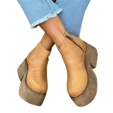 

Women\ s Platform Boots with Side Zipper Fashionable Vintage Ankle Boots for Winter Autumn