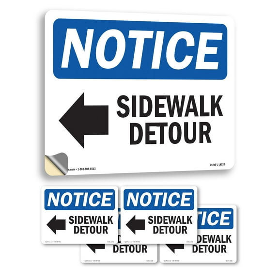 Sidewalk Detour [Left Arrow] With Symbol OSHA Notice Vinyl Decal Label 18 Inch x 12 Inch - 5 Pack