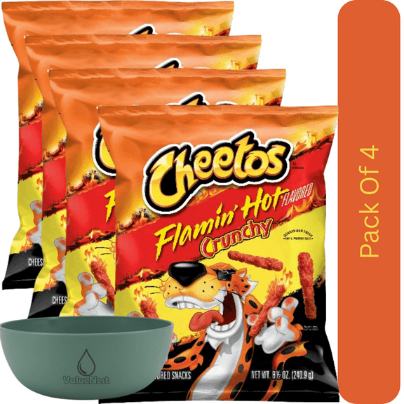 Cheetos Crunchy Flamin' Hot Cheese Flavored Snacks, 8.5 oz Bag With Olive Green Bowl By ValueNest