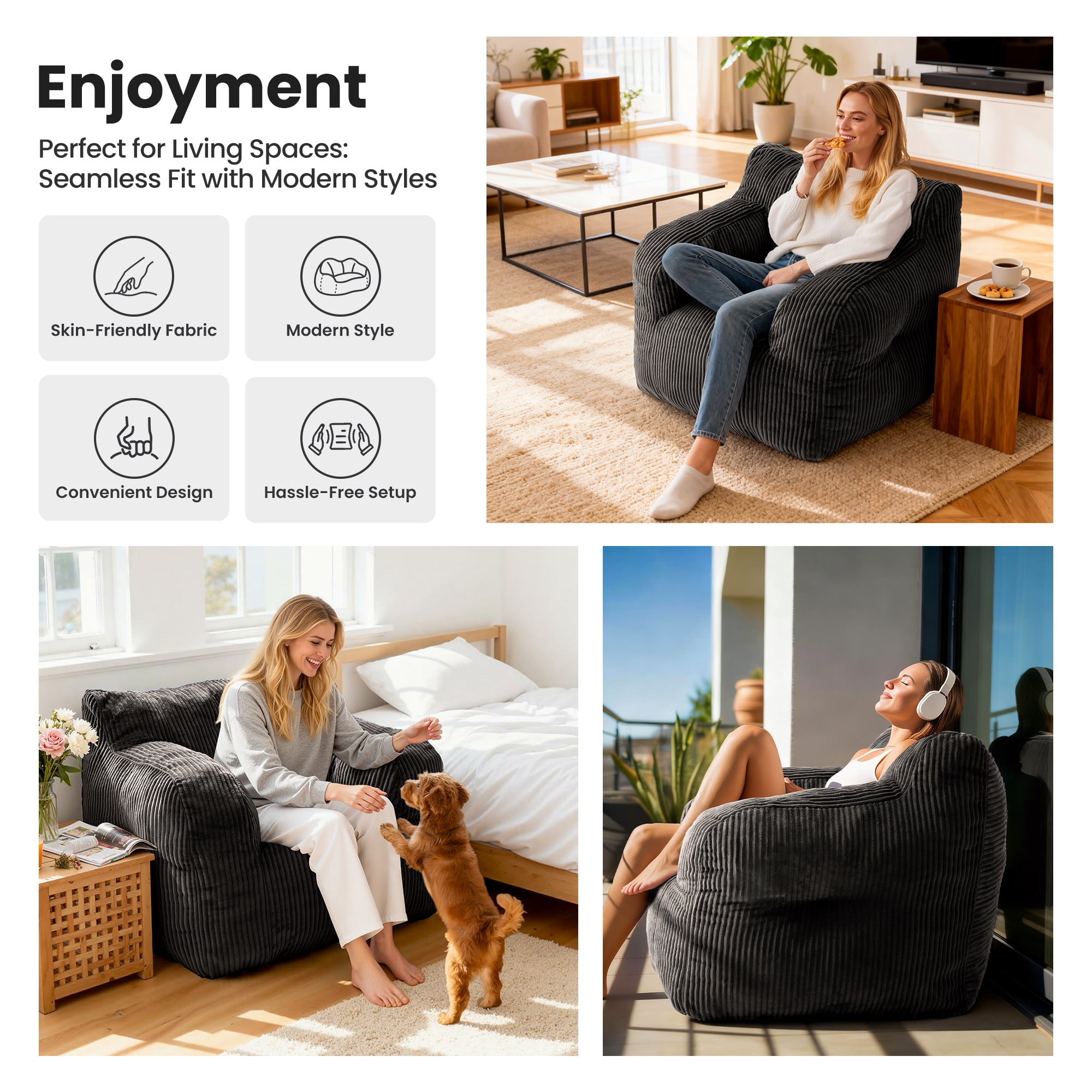 Foam Filled Bean Bag Chair, Plush Corduroy Lazy Sofa