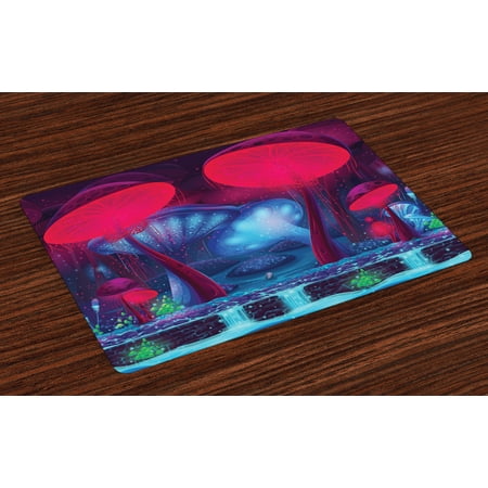Mushroom Placemats Set of 4 Magic Mushrooms with Vibrant Neon Design Graphic Image Enchanted Forest Theme Print, Washable Fabric Place Mats for Dining Room Kitchen Table Decor,Blue Red, by (Best Place To Find Magic Mushrooms)
