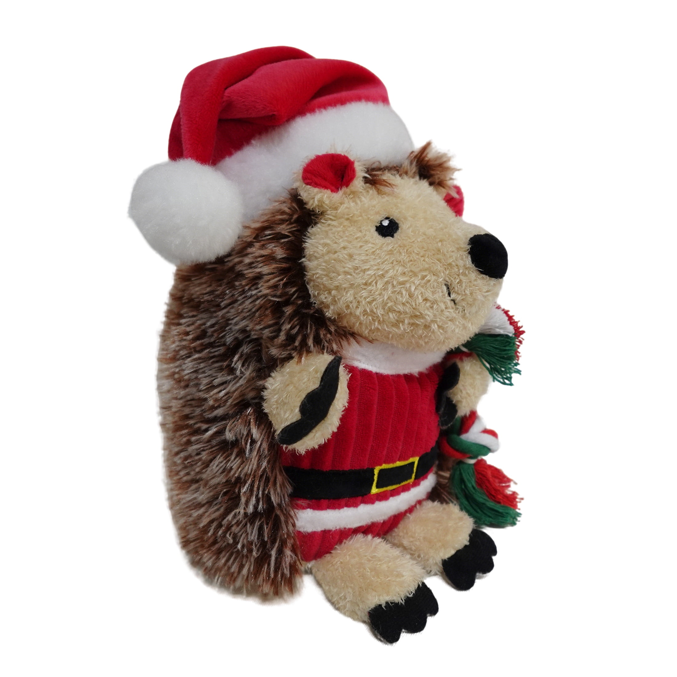 Vibrant Life Holiday Plush Dog Toy, Hedgehog with Candy Cane Rope, Brown and Red, 9"
