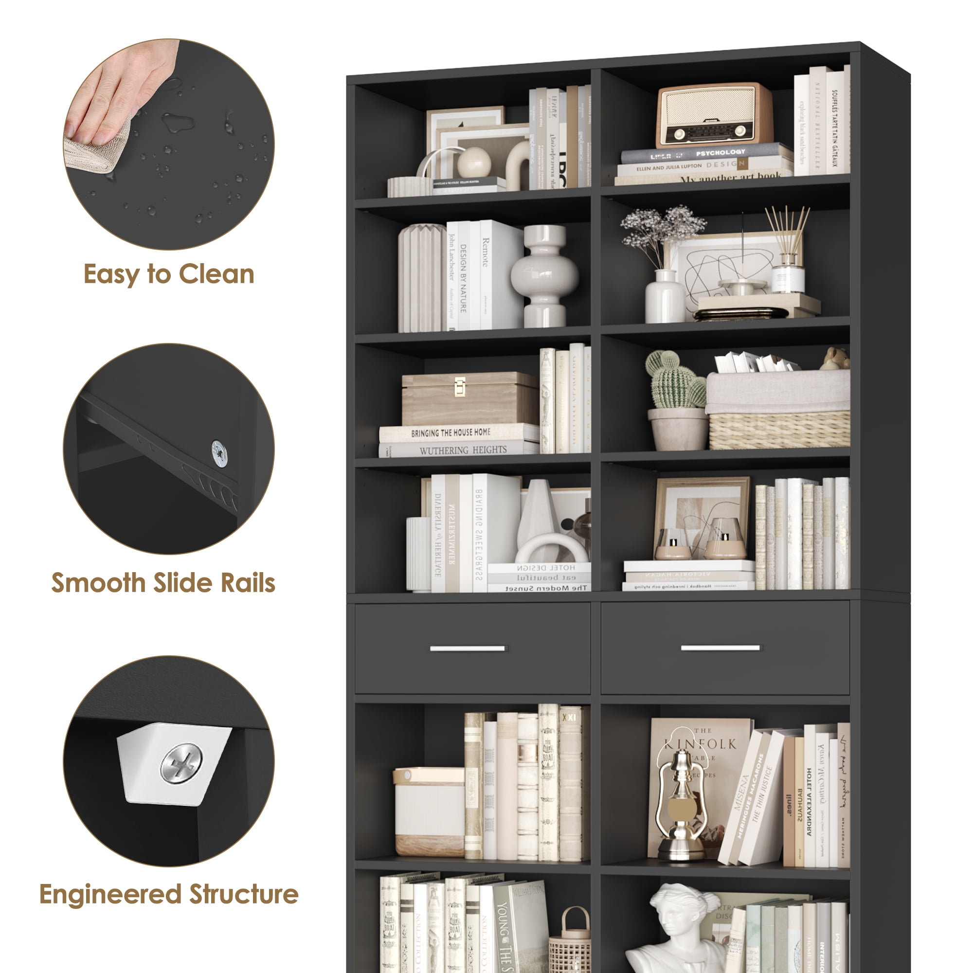 Homfa 7-Tier Bookcase with 2 Drawers, 72.8" H Double Wide Bookcase with 4 Adjustable Shelves for Study Office Living Room, Black