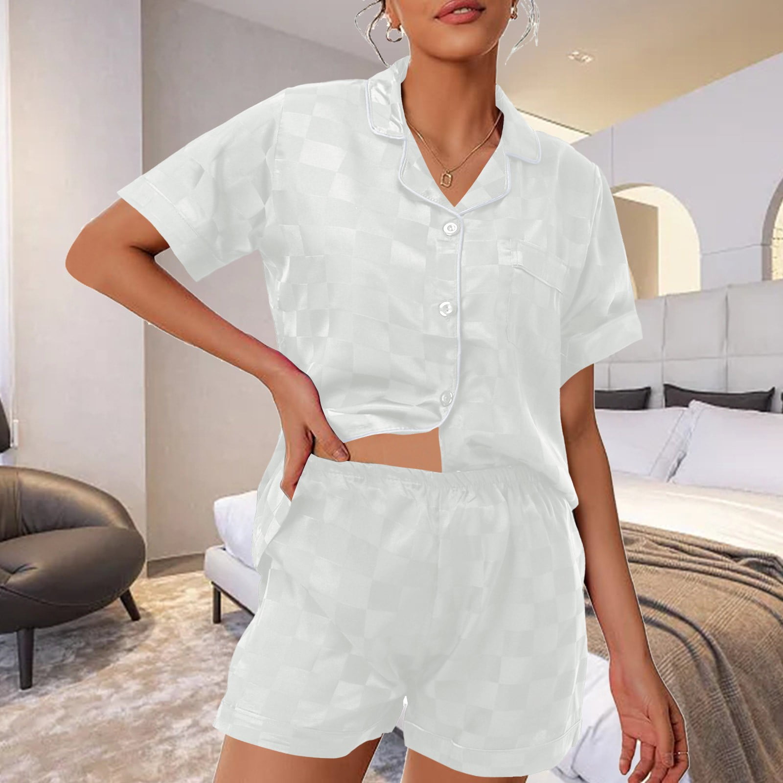 CAICJ98 Silk Pajamas Silk Pajamas Womens Short Sleeve Sleepwear Soft Satin Loungewear 2 Piece Pjs Shorts Set XL White Walmart