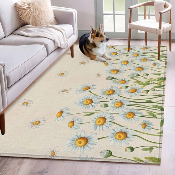 Spring Daisy Area Rugs 3'x5', Washable Small Throw Rugs for Living Room Bedroom, Farmhouse Vintage Botanical Blossom Florals Indoor Outdoor Rug Non-Slip Low Pile Carpet Runner Reversible Floor Mats