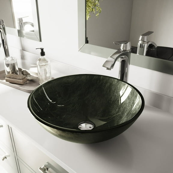 VIGO Glass Round Vessel Bathroom Sink in Onyx Gray with Linus Faucet and Pop-Up Drain in Chrome