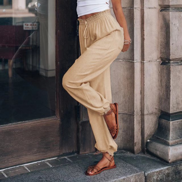 Pantalones holgados para mujer Pantalones de salón con cordón Color sólido Estilo casual Traje diario FLhrweasw Nuevo