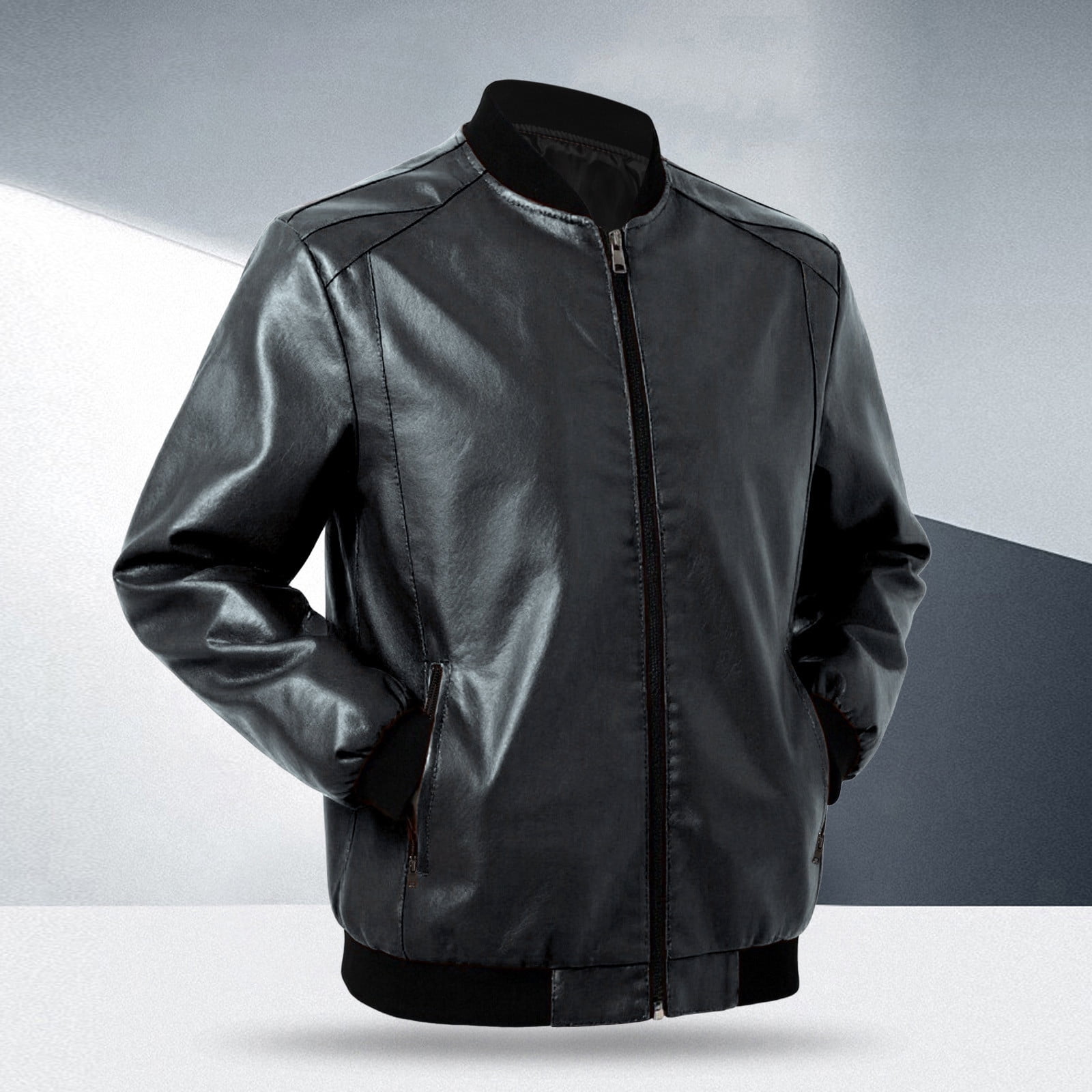 Wuxian Mens Casual Leather Jacket Slim Fit Full Zip Up Stand Collar Long Sleeve Lightweight Motorcycle Style Outerwear Coat With Pockets Stylish Cozy Outwear,Black,XXXXXXL