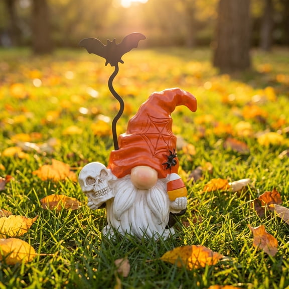 Halloween Resin Gnome Decorations, Weather Resistant Outdoor Garden Statue with Spiderweb Hat and Skull Accents, Spooky Tabletop Figurine for Home Patio Office, Dark Gothic Holiday Gift
