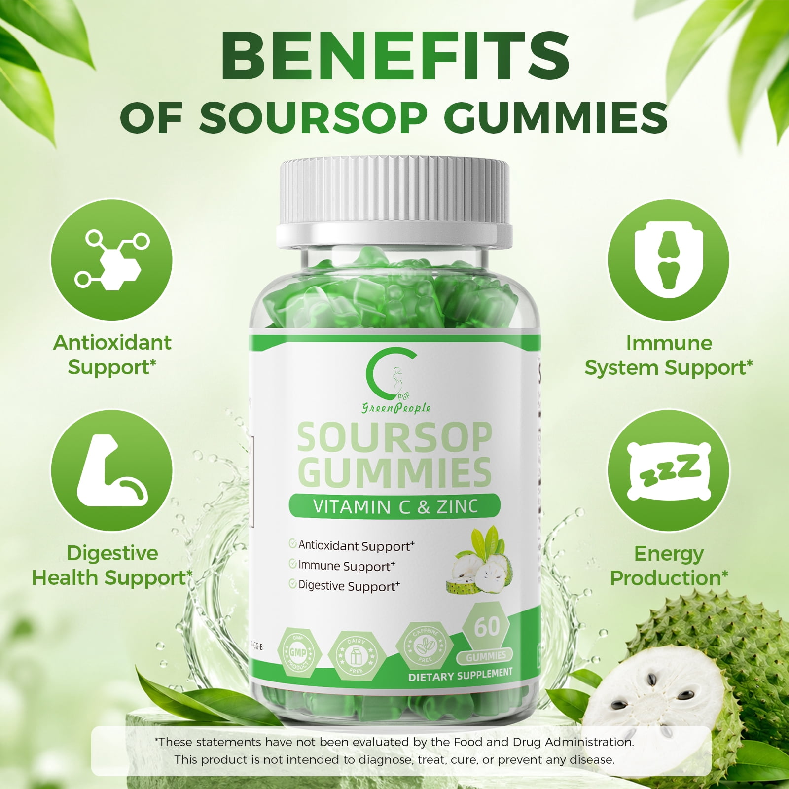 Soursop Graviola Gummies, Organic Soursop Leaves and Seeds Extract with Vitamin C, Zinc, Digestive, Immune Support and Antioxidant Properties, 60 Gummies