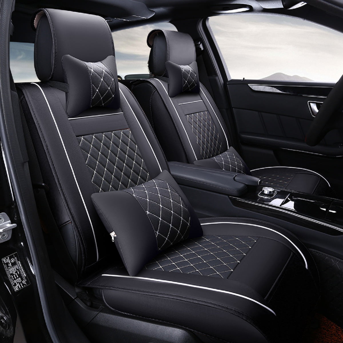 Size M PU Leather Car Seat Cover Front & Rear 5-Seats W/Neck Lumbar Pillow 7pcs