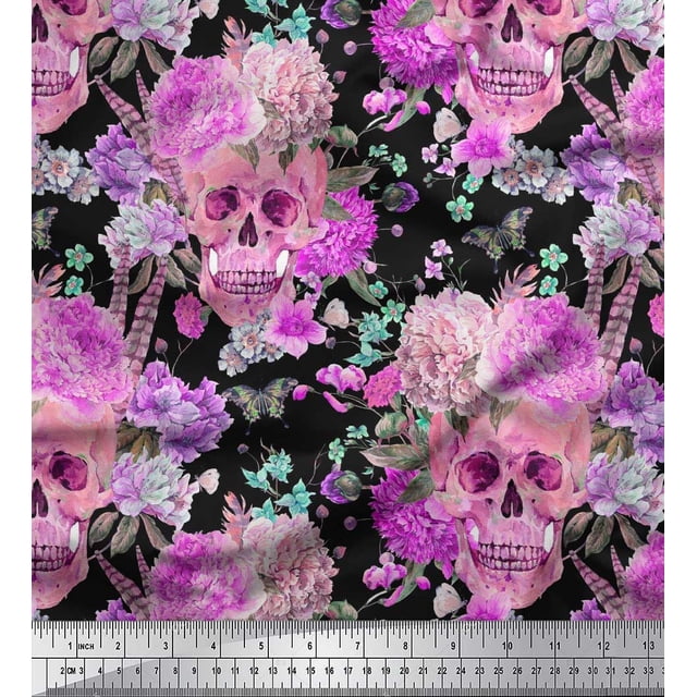 Soimoi Pink Rayon Crepe Fabric Insect,Skull & Flower Decor Fabric Printed BTY 46 Inch Wide