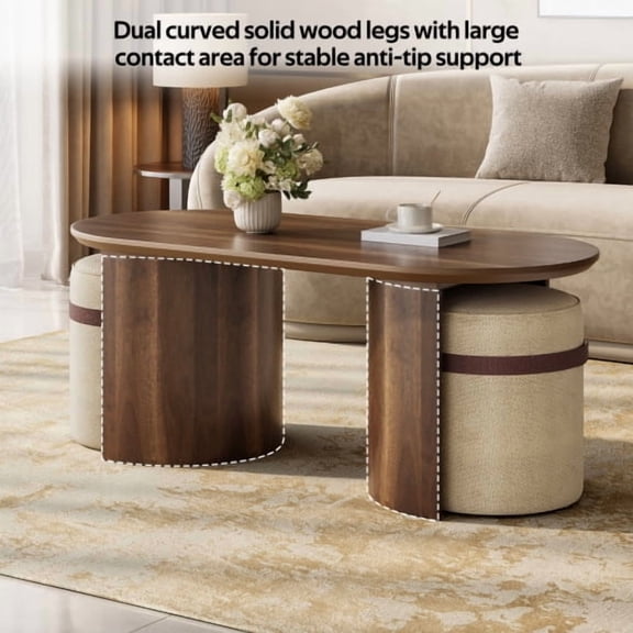 42.7" Oval Wooden Coffee Table Set with 2 Matching Poufs, Space-Saving Living Room Table with Storage Stools, Walnut