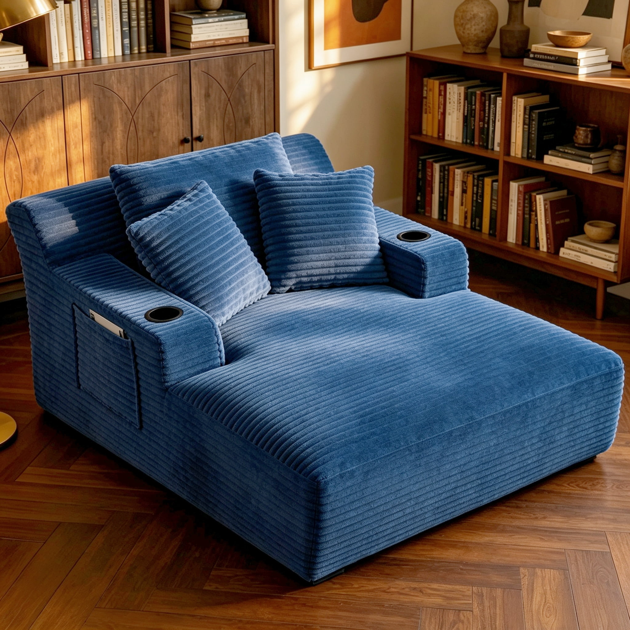 ShiKeyi 66'' Chaise Lounge Chair Indoor, Boneless Sofa Cloud, Plush Corduroy Chaise Couch with Cup Holders, Side Storage Pocket & Pillows, No Assembly Required, Blue