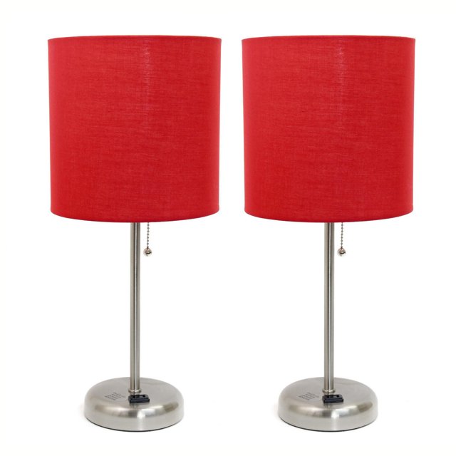 Pair of brushed steel stick lamps with red fabric shades, pull chain switches, and built-in charging outlets on round bases.