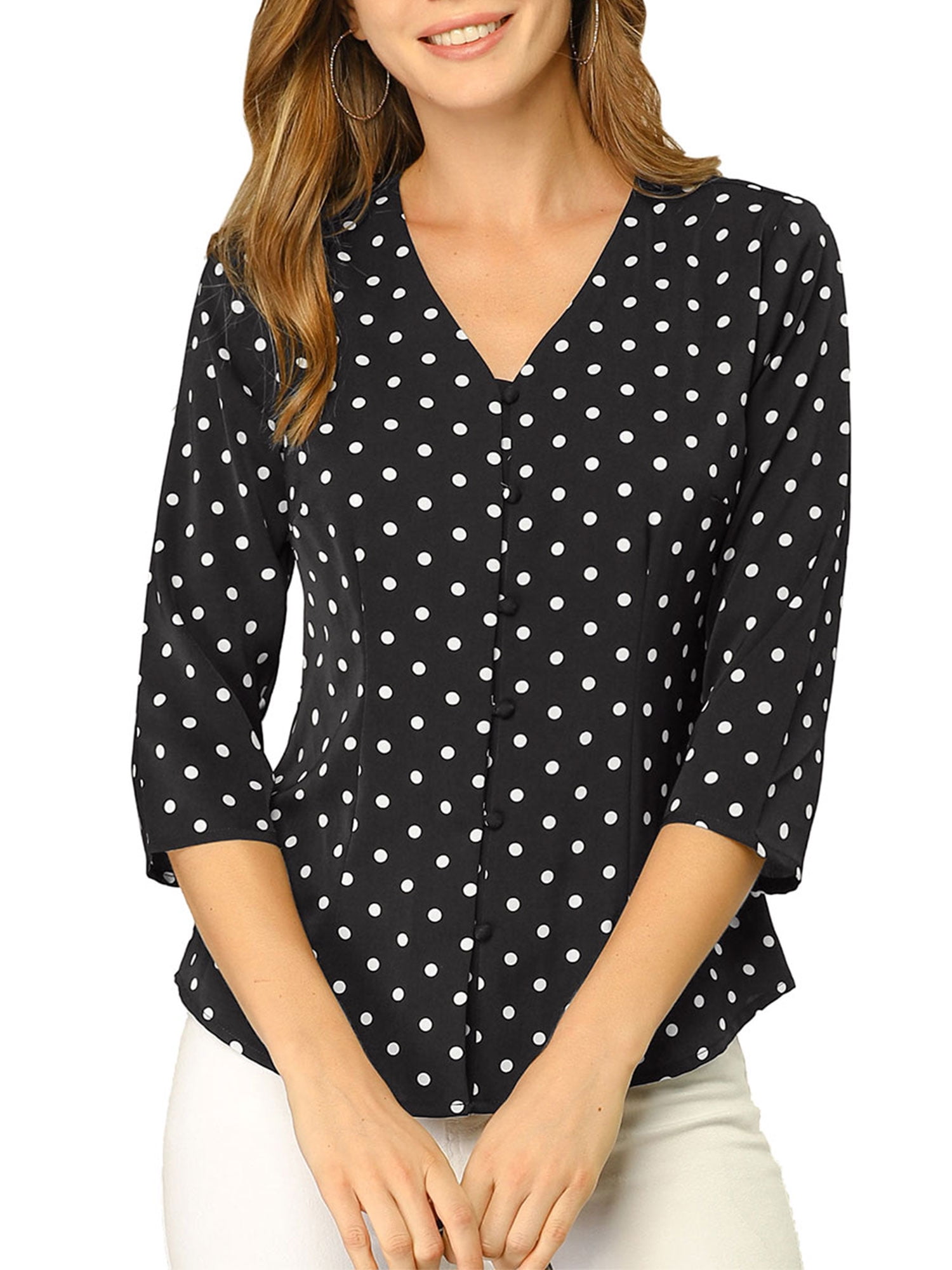 DARING DIVA Women's V Neck Polka Dots 3/4 Sleeve Casual Button Blouse M Black
