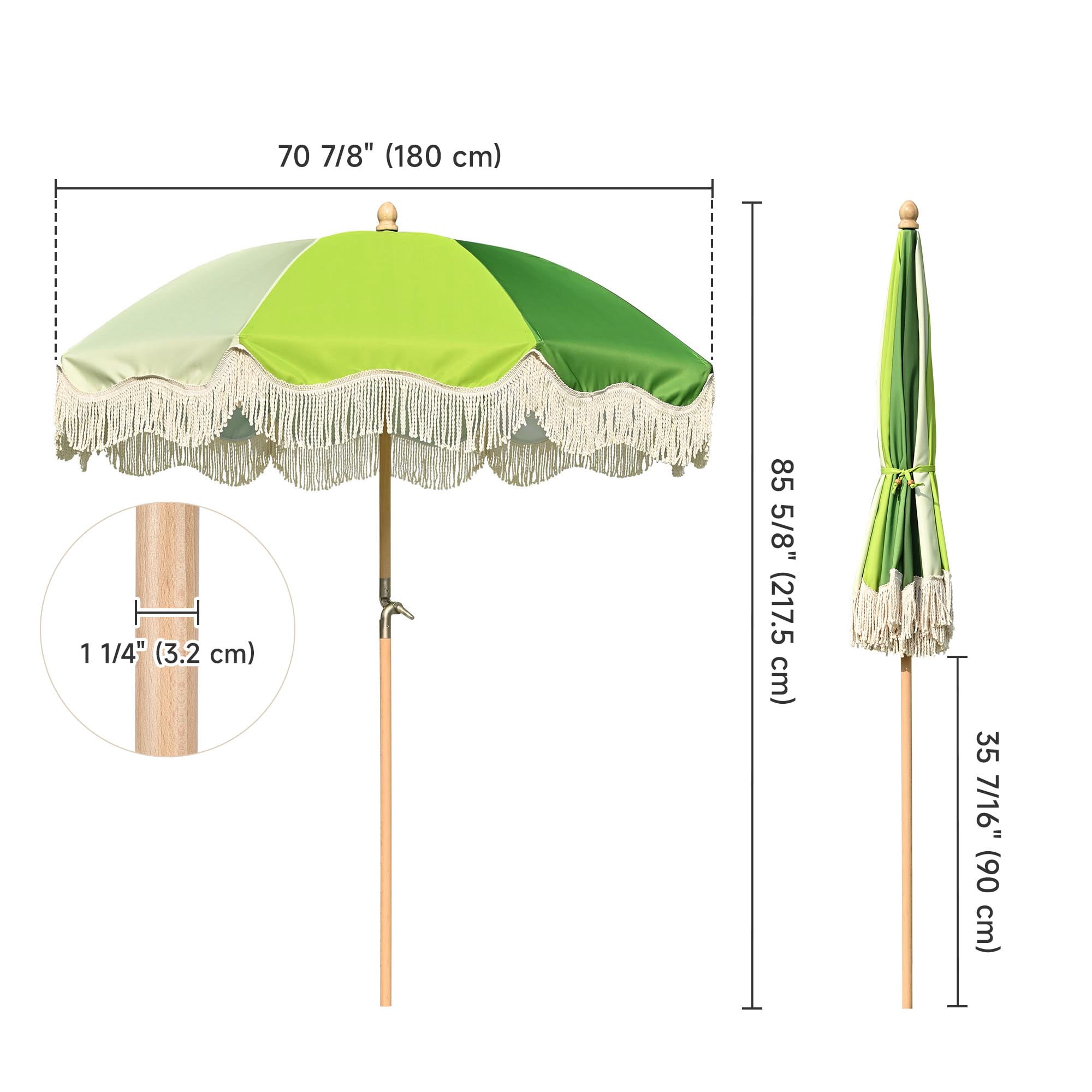 LAGarden 6Ft Fringe Patio Umbrella with Tassels & Carry Bag 50 / 60s Vintage Style Umbrella Wood Green,Model: PS6-04