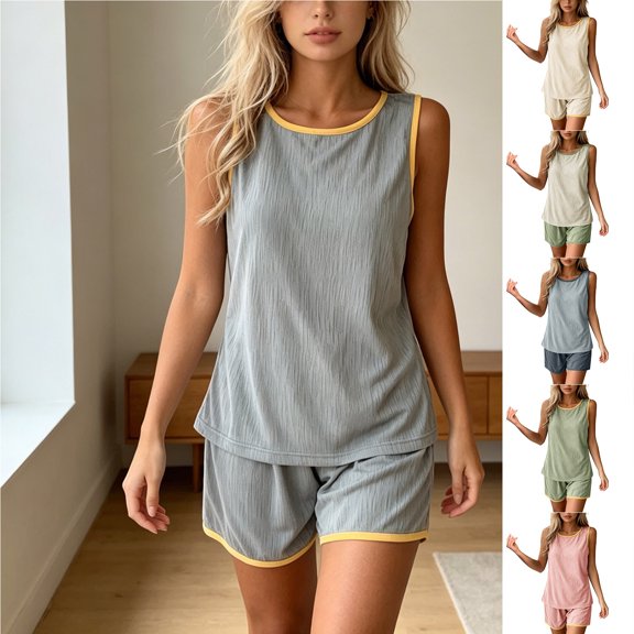 FRSASU Pajamas Set for Women 2 Piece Ribbed Knit Lounge Set Sleeveless Crew Neck Matching Shorts Sleepwear Soft Pjs Pink
