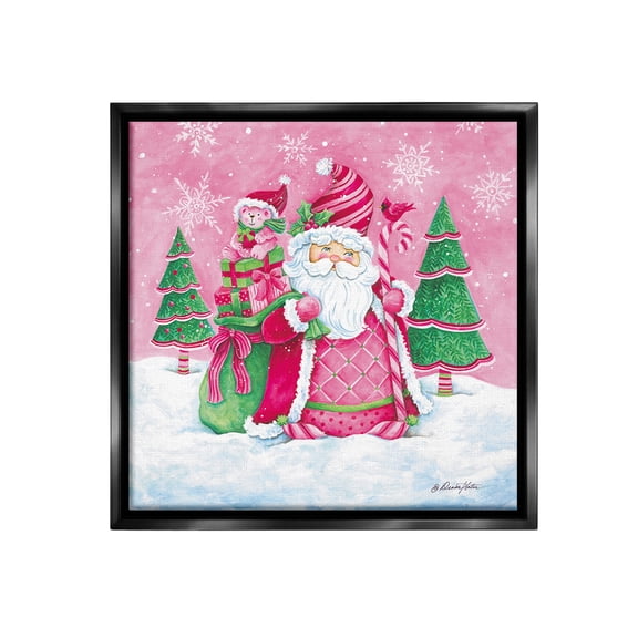 Stupell Industries Pink & Green Santa Scene Holiday Painting Black Floater Framed Canvas Art Print Wall Art, 18 x 18