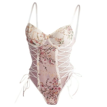 Weyolog Women s Underwear and Bras  Cute Tights Mesh Transparent Female Floral Embroidery Suspender White Bottle Printed Bodysuit Female Pure Desire Wind Embroidery Erotic Underwear  Beige L