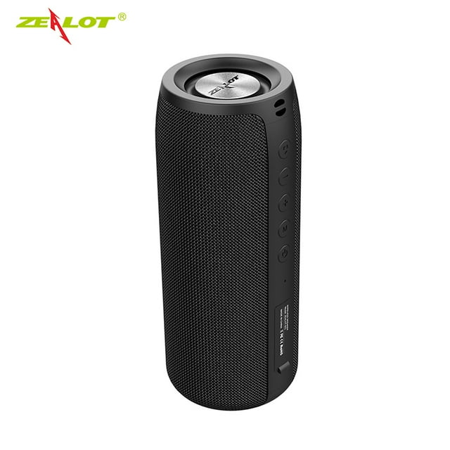 zealot s51 negro altavoz bluetooth portátil exterior 10w conexión tws altavoz cilíndrico negro en vista 3/4, rejilla de malla texturizada, botones laterales (encendido, modo, volumen), puerto micro USB en la base y logo Zealot en la tapa superior; Bluetooth 5.0, batería 1500 mAh, IPX5 resistente a salpicaduras, sonido estéreo 360° y función TWS; suele usarse también como bocina portátil para viajes.