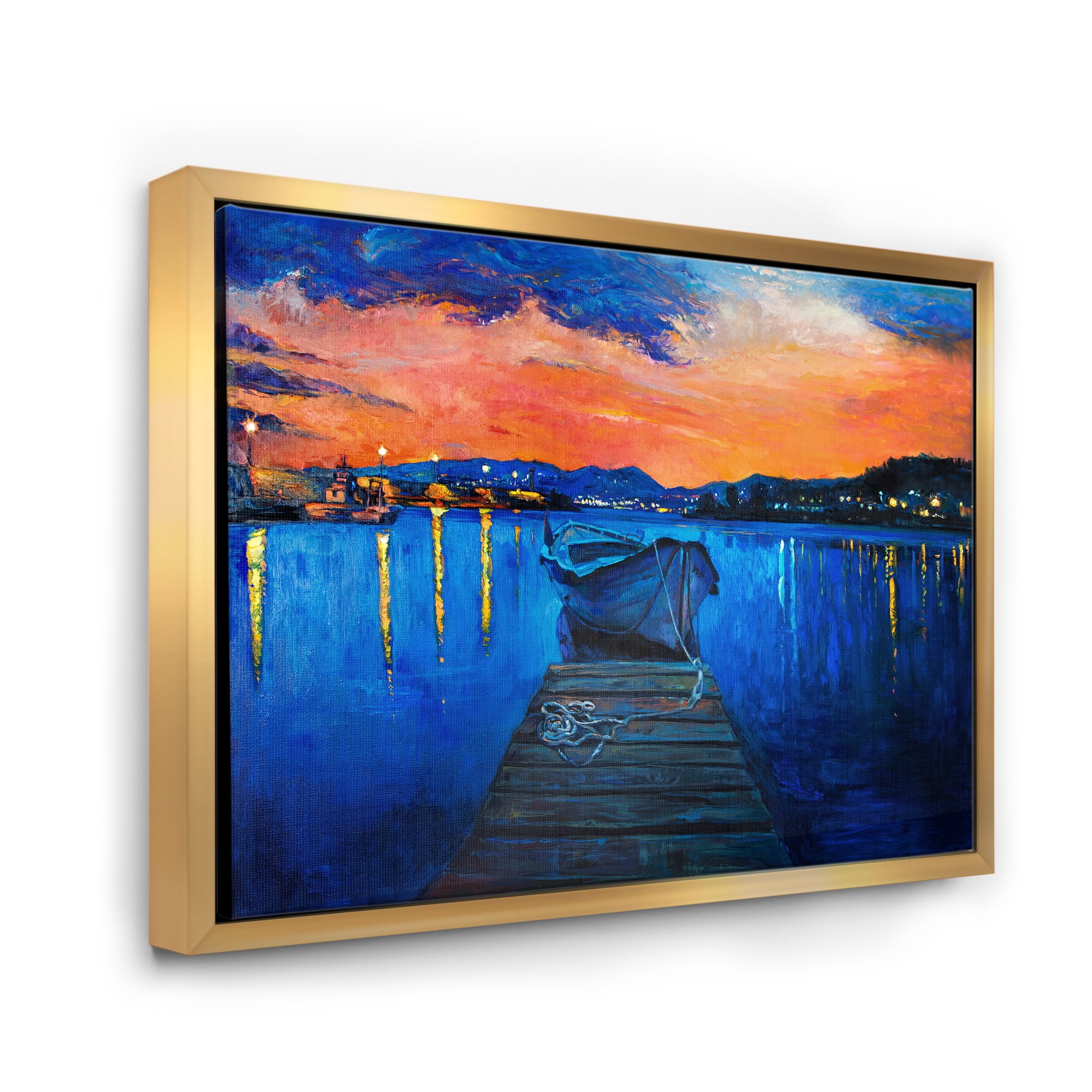 Designart 'Boats During Warm Sunset Resting On The Water III' Nautical & Coastal Framed Canvas Wall Art Print