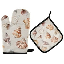 Yayeee Oven Mitts and Pot Holder Set of 2 Heat Resistant Kitchen Gloves Baking Hot Pad, Red Watercolor Seashells