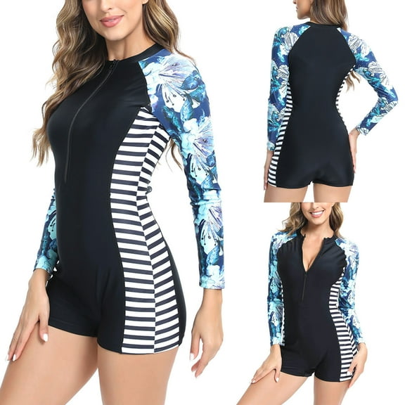 VBTAPA Long Sleeve Swimsuits for Women One Piece Bathing Suit Rash Guard Swimsuit Surfing Wetsuit Swimwear Boyshort UPF 50 Sales of Today Blue XXL