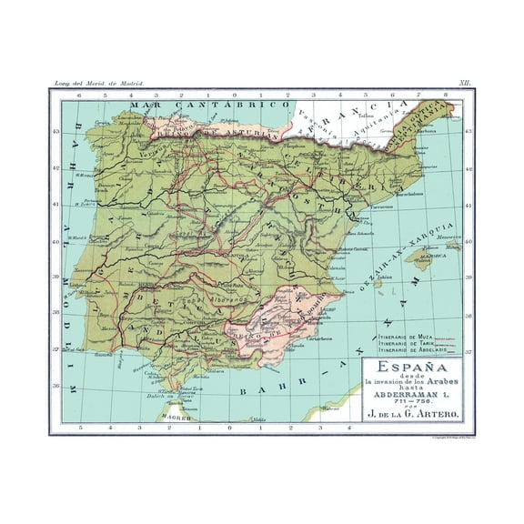Historic Map - Spain 711 AD to 756 AD - Artero 1879 - 28.65 x 23 - Vintage Wall Art