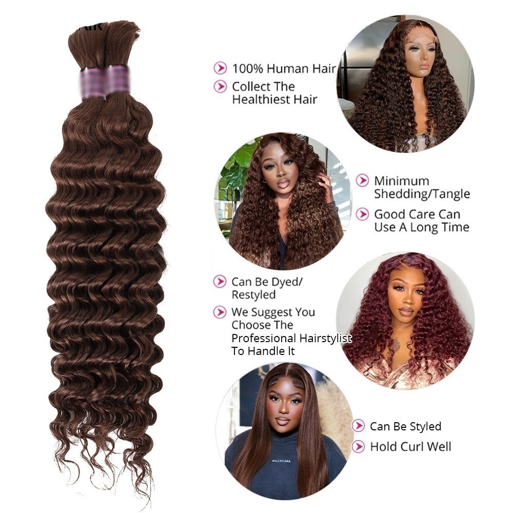 #4 Chocolate Brown Bulk Human Hair for Braiding, 100G/Bundle Deep Wave No Weft Hair Extensions