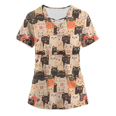 

BIZIZA Uniforms & Scrubs Trendy with Two Pocket V Neck Scrubs Plus Size Cute Printed Short Sleeve Womens Summer Tops Dressy Casual Ginger 5XL