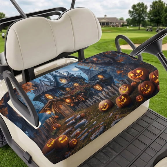 Golf Cart Seat Covers for 2 Seater,Halloween Microfiber Cart Seat Towel Blanket,Forest Ghost Pumpkin Castle Vintage Cottage Absorbent Breathable Non Slip Bench Seats Protector for Golf Course 51"x31"
