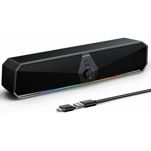 Bluetooth Computer Speakers for Desktop, USB Plug & PC Speakers with Dynamic LED Light, Stereo Sound Soundbar for Desktop Laptop Monitor (USB-C Adapter Included)