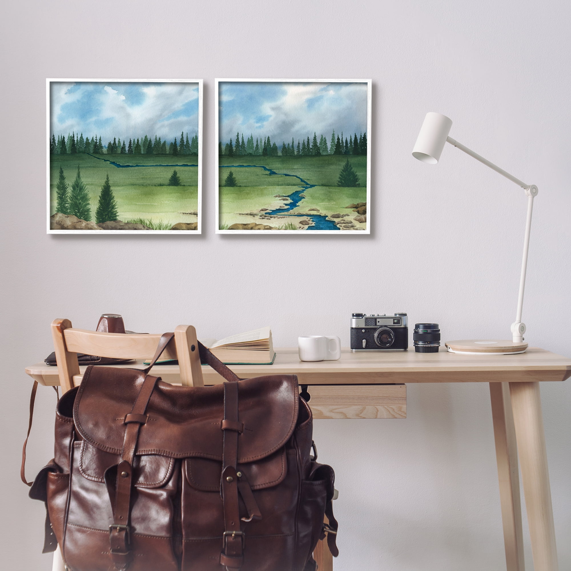 Stupell Distant Stream Trees Nature Landscape Landscape Painting White Framed Art Print Wall Art, Set of 2