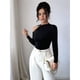 thumbnail image 5 of Camiseta Elegante Asimétrica con Cuello Alto, Hombros Descubiertos y Decoración Metálica para Mujer, Camisas Fruncidas Ajustadas de Larga Negro S, 5 of 8