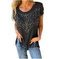 thumbnail image 2 of Shirts for Women Plus Size Short Sleeved Round Neck Tassels Casual Solid Color Top Black XXXXXL, 2 of 6