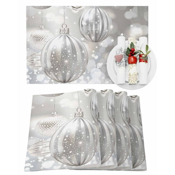 Christmas Placemats Set of 6, Silver Xmas Ball Place Mats Snowflakes Placemat Table Decoration for Kitchen Table Dinner Xmas Holiday Party Home Decor Indoor Outdoor 13x19 Inch