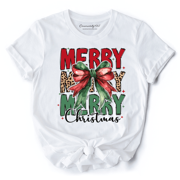 Coquette Merry Christmas Bow T-Shirt, Festive Leopard Holiday Tee