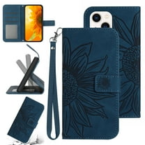 Feishell Slim Wallet Case for iPhone 13 mini,for Men Women,Sunflower Embossed Pattern PU Leather Flip Cover Magnetic Closure Folio Card Slots Kickstand Phone Case with Hand Strap,Inkblue