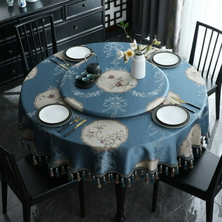 

ASWMXR Luxury Traditional Round Tablecloth 180 cm 160 cm 200cm Table Cover Dining Coffee Soft Jacquard Flower Tassels Home Decor Blue