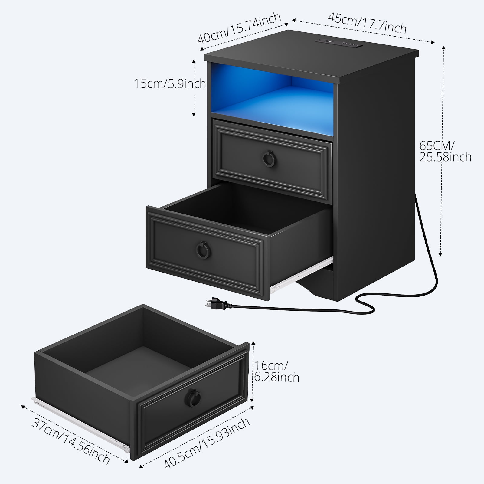 LGHM Nightstands Set of 2 with Charging Station & LED Light, Bedside Table with 2 Drawers for Bedroom, Living Room, Gray