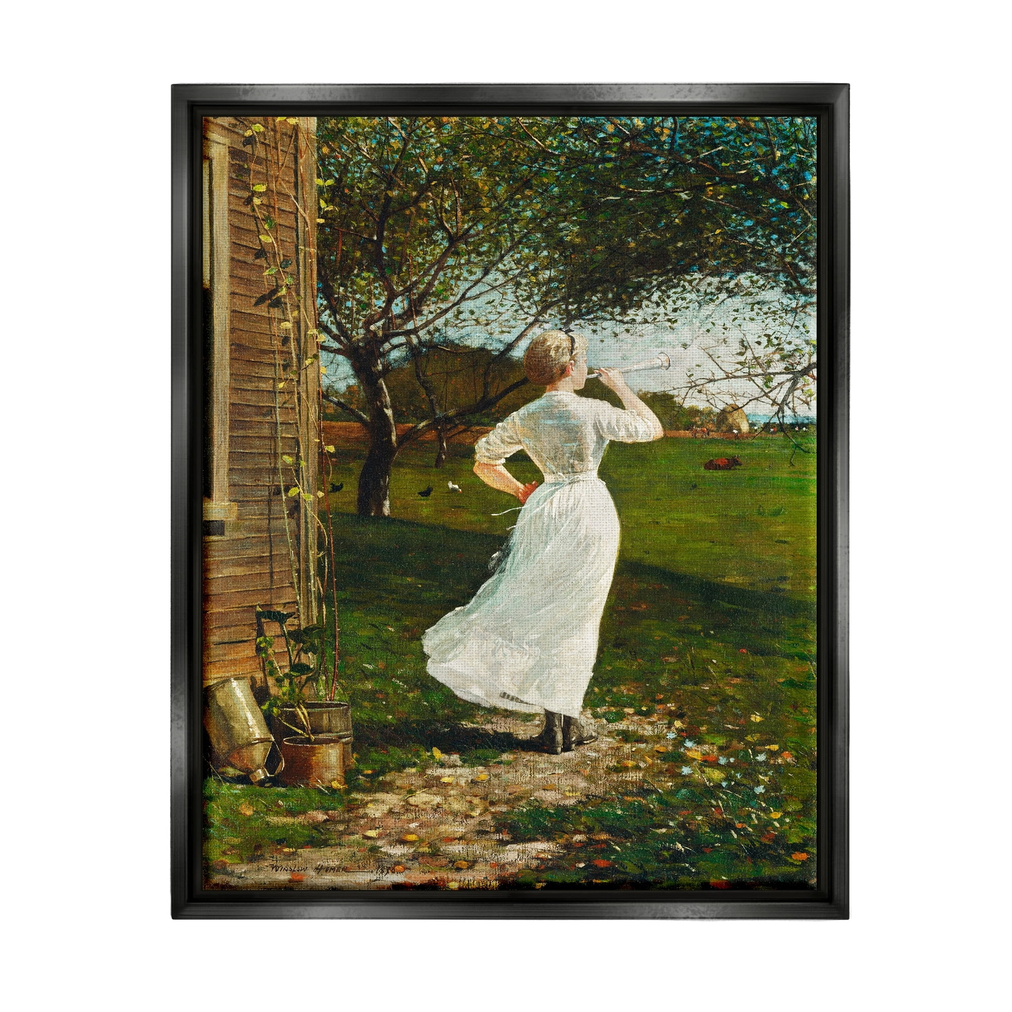 Stupell Industries Classic Woman Instrument Rural Vintage House Painting Painting Luster Gray Floating Framed Canvas Print Wall Art, Design by Lettered and Lined