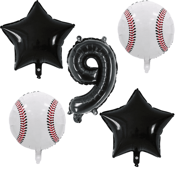 Baseball 9th Birthday Party Foil Balloons Black White Stars Number 9 Balloons