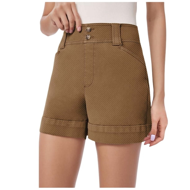 Pantalones cortos elásticos de sarga de cintura alta para mujer - Pantalones cortos vaqueros chinos informales con cintura elástica - Poliéster, deportes de verano y actividades al aire libre